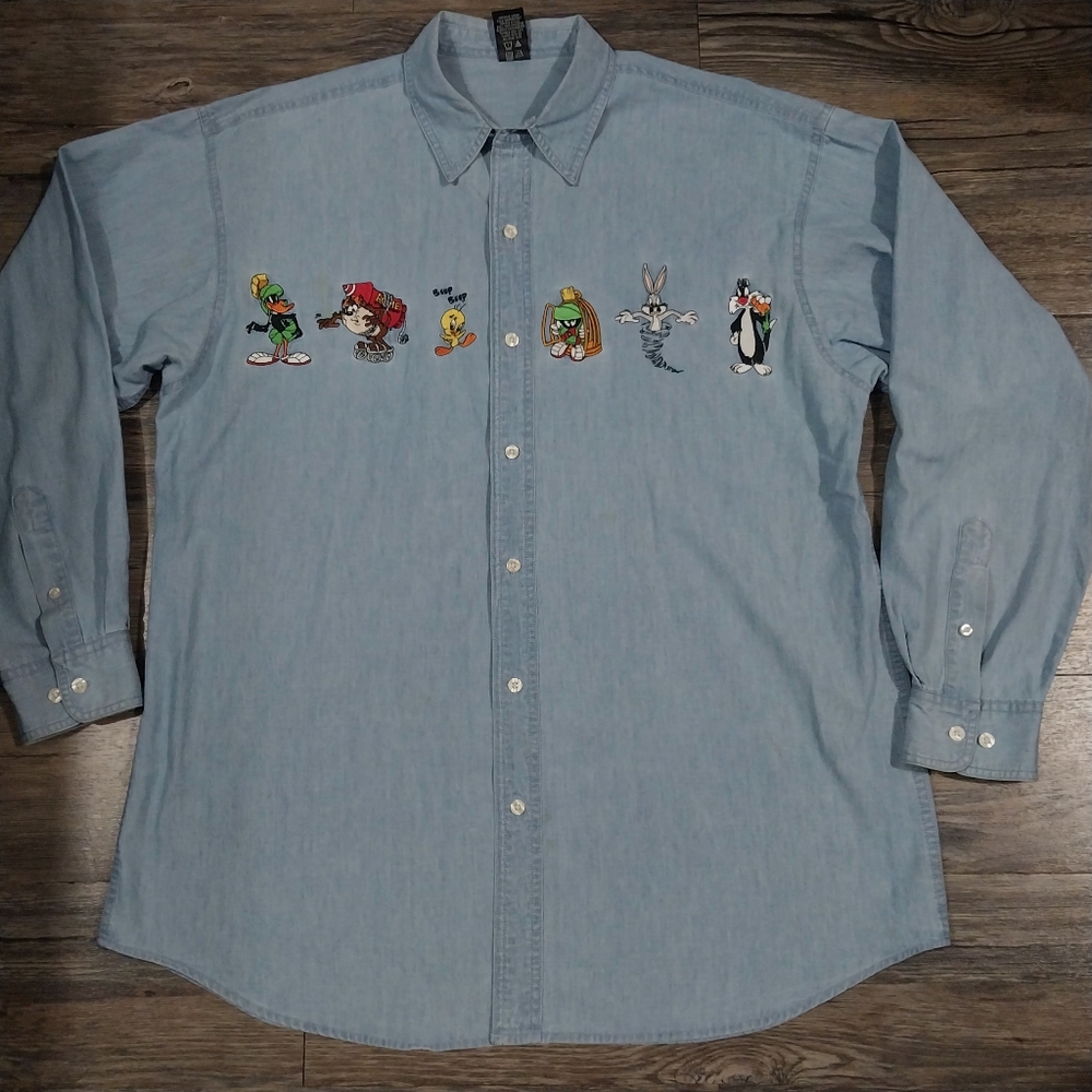 Warners Bros. Denim Long Sleeve Mens L Looney Tunes Vintage Shirt Bugs Daffy